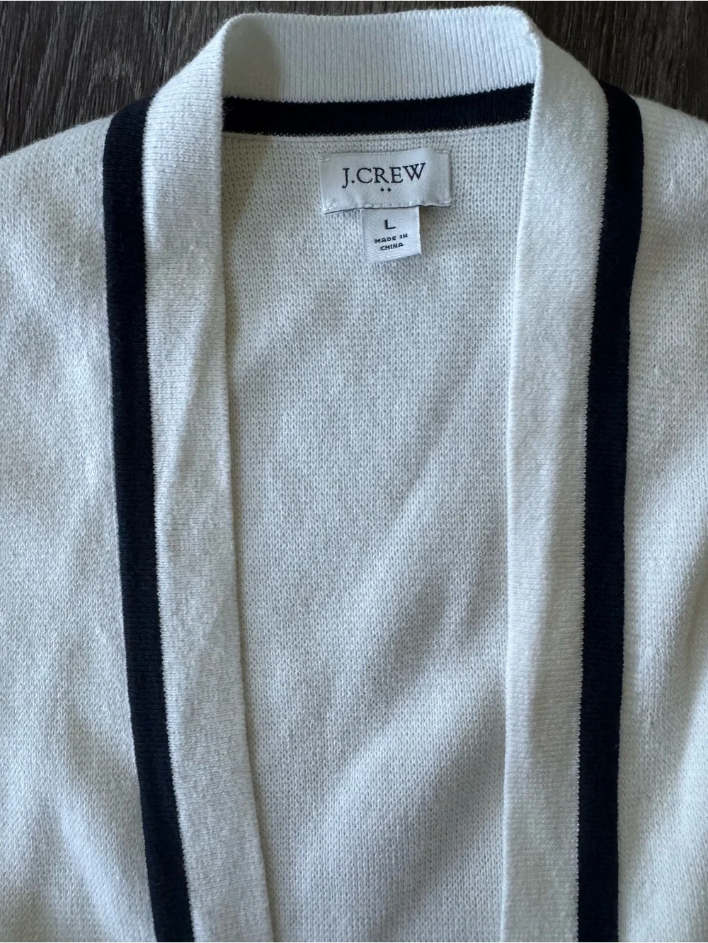 J. Crew Factory Ivory Black Trim Open Front Cotton Cardigan Sweater L